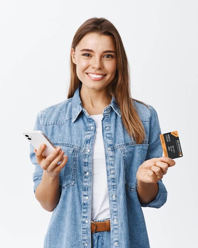 Woman using NuLifeSpan Rx discount card on phone